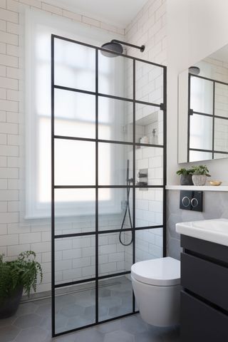 a shower enclosure with a window screen