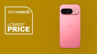 Google Pixel 9 in peony pink on yellow background with TechRadar lowest price sign