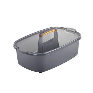 A grey cleaning storage caddy with an orange handle