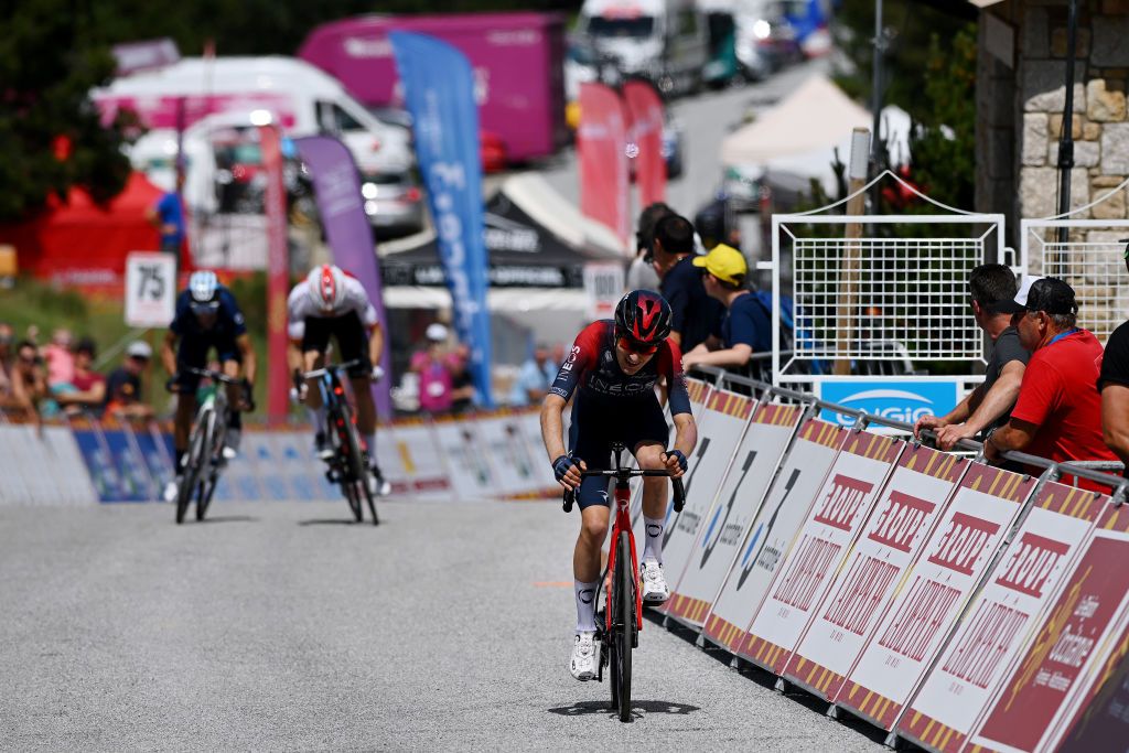 LES ANGLES FRANCE JUNE 18 Carlos Rodriguez Cano of Spain and Team INEOS Grenadiers sprints to crosses the finishing line on second place during the 46th La Route dOccitanie La Depeche du Midi 2022 Stage 3 a 1887km stage from Sigean to Les Angles 1841m RDO2022 on June 18 2022 in Les Angles France Photo by Dario BelingheriGetty Images