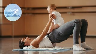Woman performing glute bridge on exercise mat while holding a baby on her hips, Women's Health Week badge top left