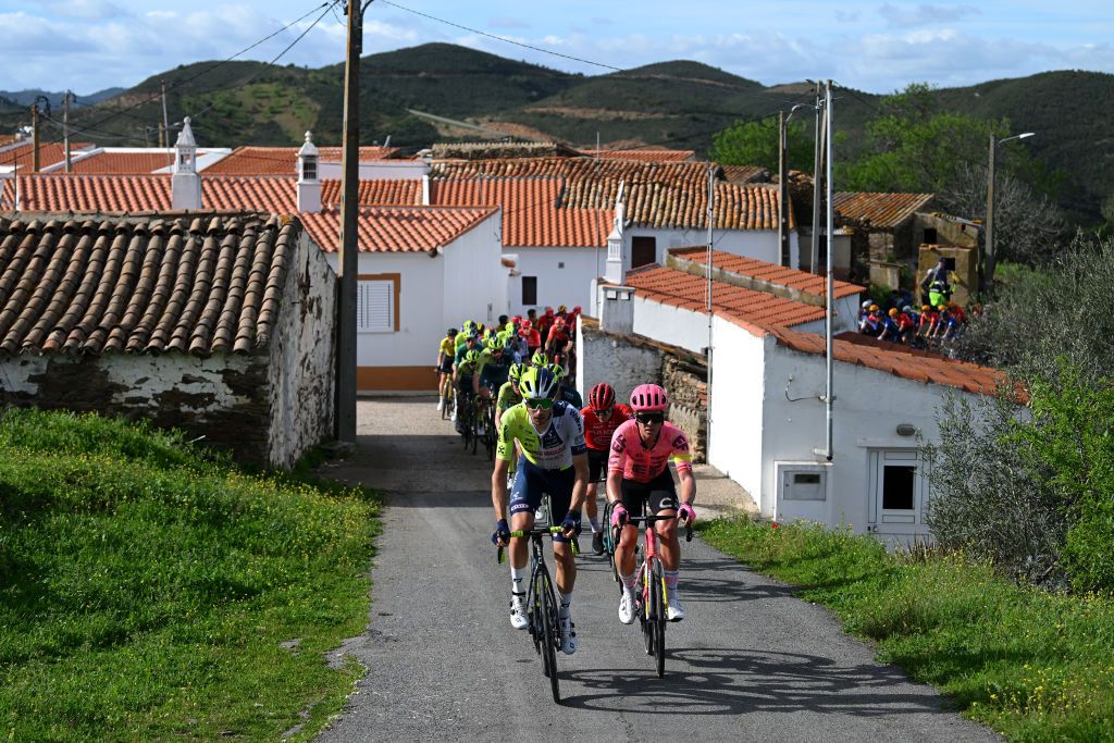 TAVIRA PORTUGAL FEBRUARY 16 LR Vito Braet of Belgium and Team Intermarche Wanty and Michael Valgren of Denmark and Team EF Education EasyPost lead the peloton climbing to the Alcaria 320m during the 50th Volta ao Algarve em Bicicleta 2024 Stage 3 a 1922km stage from Vila Real de Santo Antonio to Tavira on February 16 2024 in Tavira Portugal Photo by Dario BelingheriGetty Images