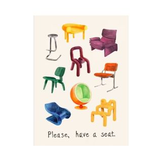 A beige wall art print with colorful chair illustrations on it and black text that says 'Please, have a seat'