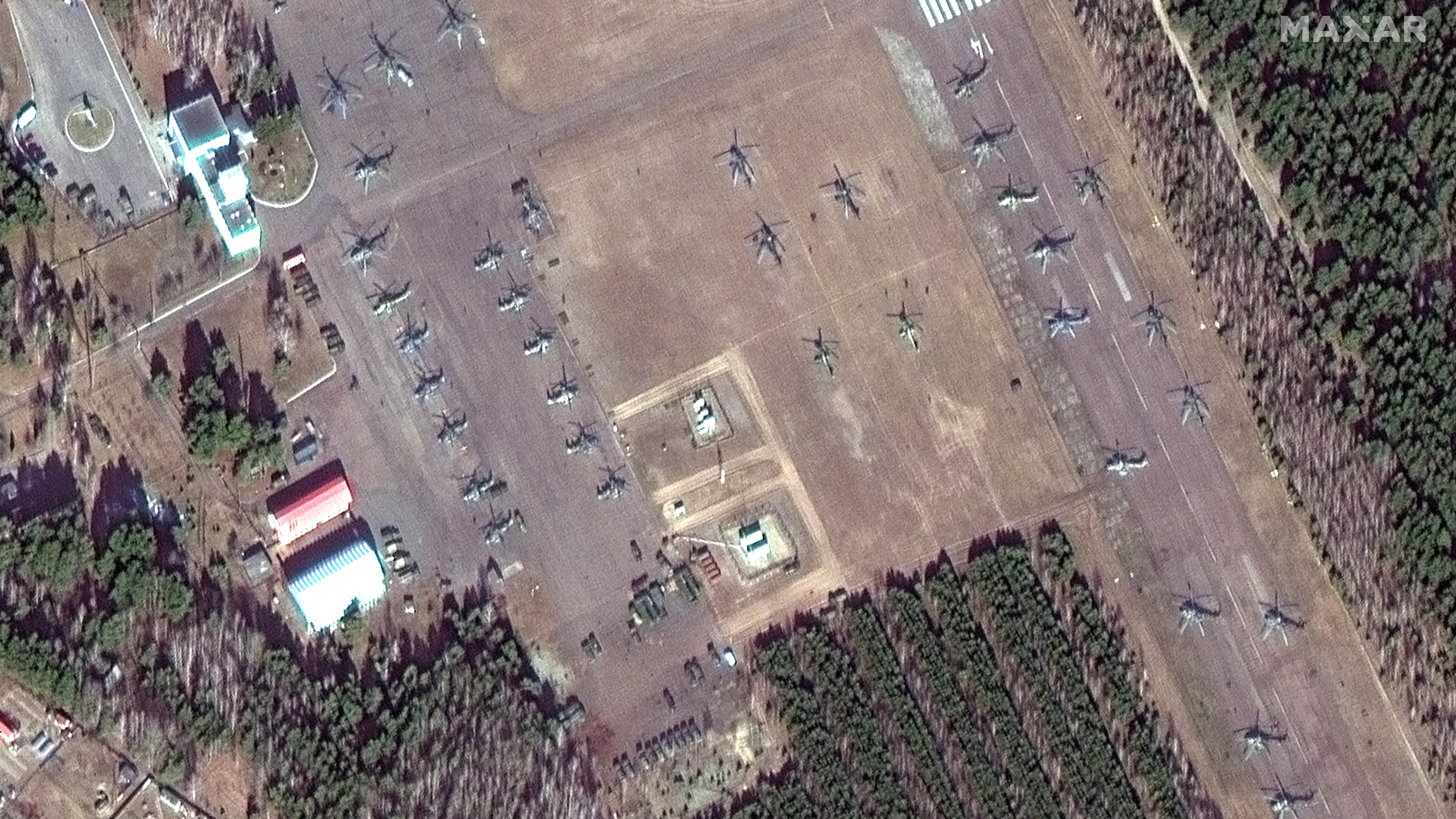 Attack helicopter at a military airport in Belarus near the border with Ukraine captured by Earth observation satellites.