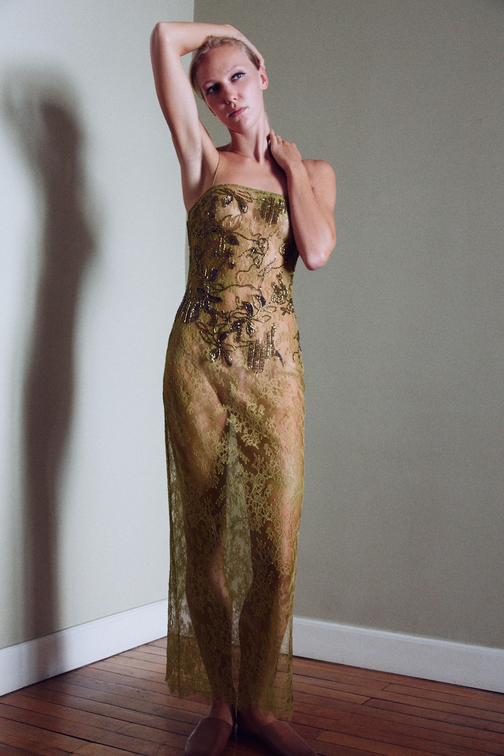 Embroidered Beaded Lace Dress - Mid-Green - Xs