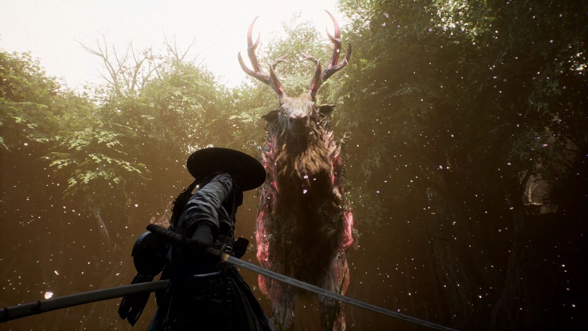Emma encounters a huge deer in Beast of Reincarnation