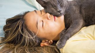 Close up of a Russian blue cat snuggling with a smilling woman