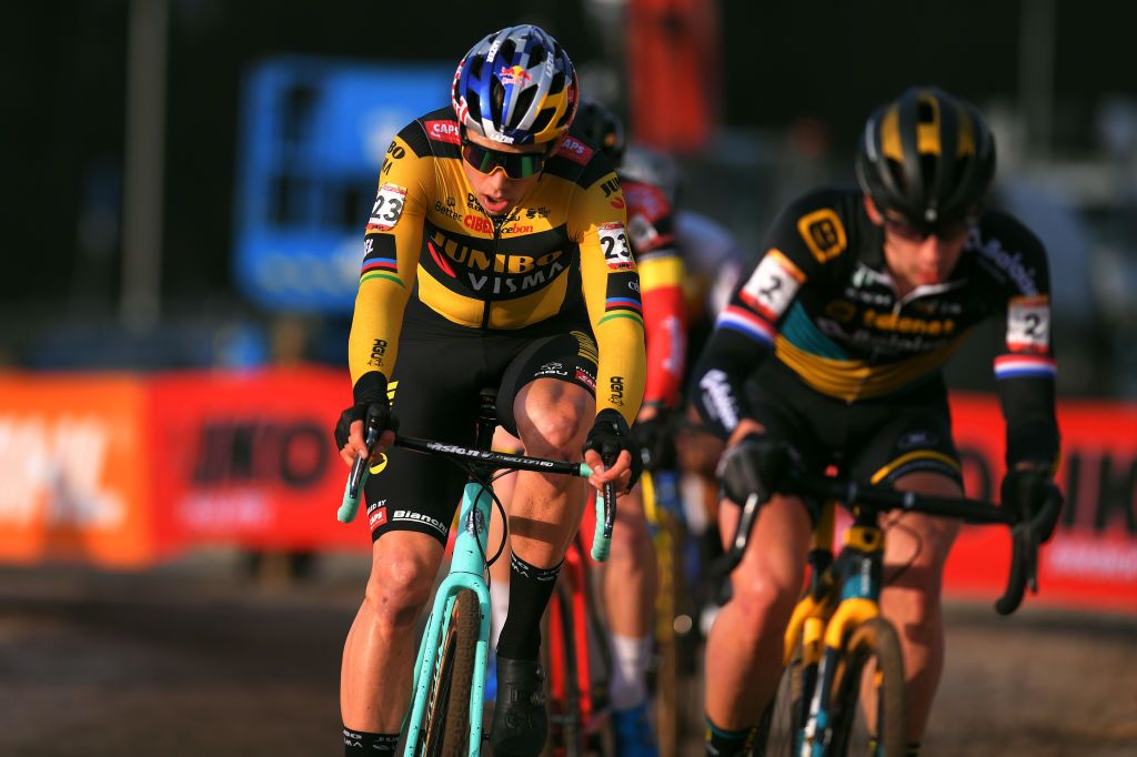HOOGERHEIDE NETHERLANDS JANUARY 26 Wout Van Aert of Belgium and Team JumboVisma Lars Van Der Haar of The Netherlands and Team Telenet Baloise Lions during the 31st WC GP Adrie Van der Poel Hoogerheide 2020 Men Elite UCICX TelenetUCICXWC on January 26 2020 in Hoogerheide Netherlands Photo by Luc ClaessenGetty Images