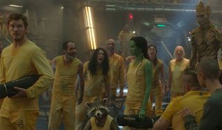 Guardians of the Galaxy Chris Pratt Zoe Saldana Quill and Gamora walking through the prison common a