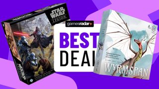 Star Wars Legion and Wyrmspan boxes either side of a 'best deal' badge, all against a purple background