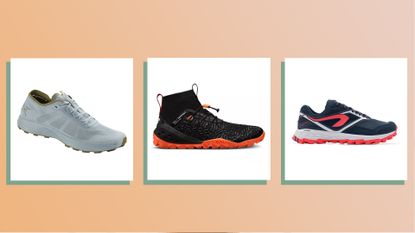 product shots of three of w&h's picks for the best trail running shoes for women on an orange background