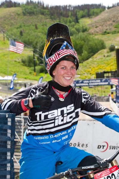 Jill Kinter (Team Transition Racing) is all smiles after taking the downhill victory.