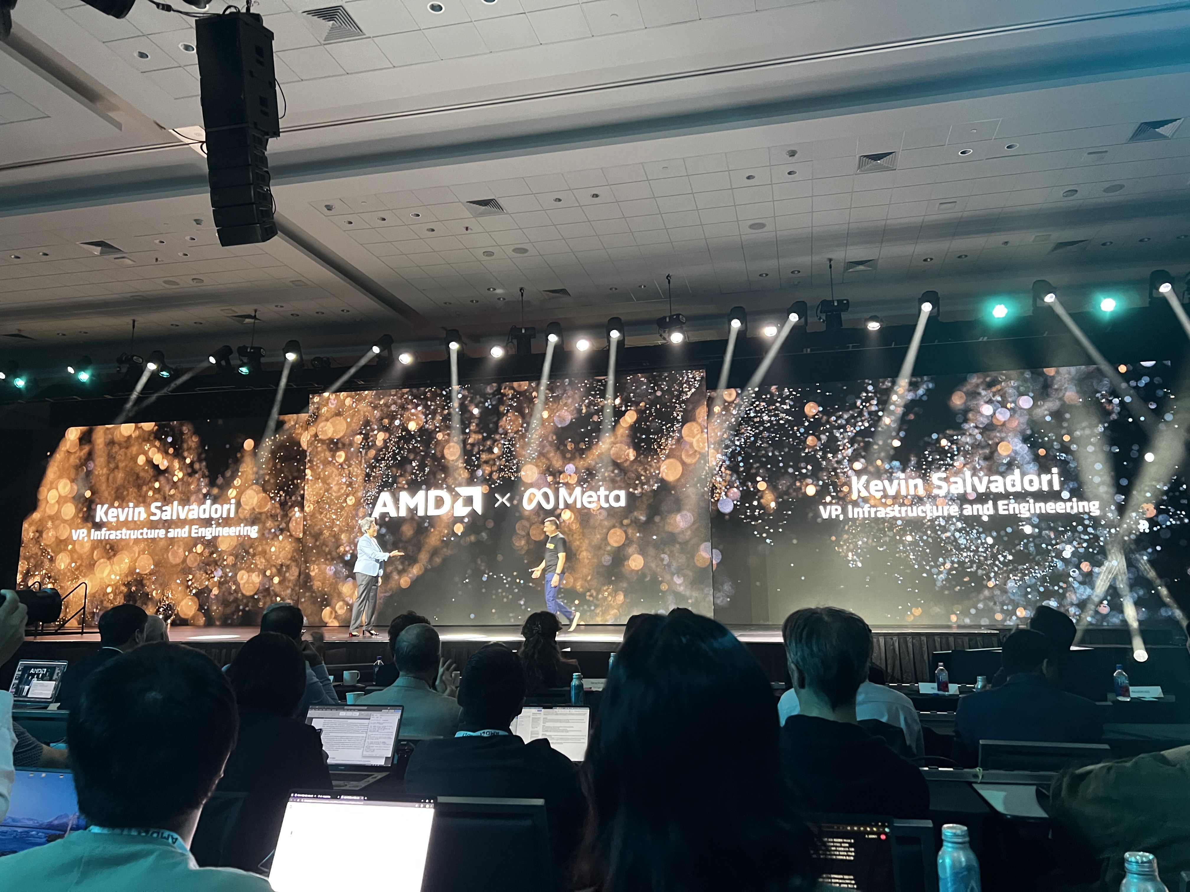 Kevin Salvadori, vice president of infrastructure and engineering at Meta, pictured on stage with AMD CEO Lisa Su at the AMD Advancing AI conference in San Francisco.