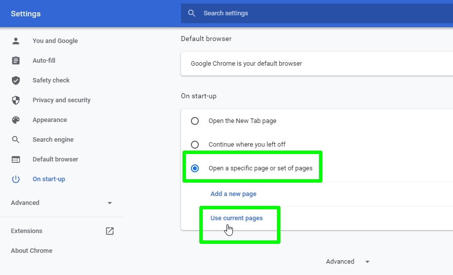 how to set a homepage in Google Chrome - specific pages