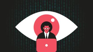 Giant eye watching at man working at the computer. Surveillance, hacking, internet security concept. Flat vector illustration.