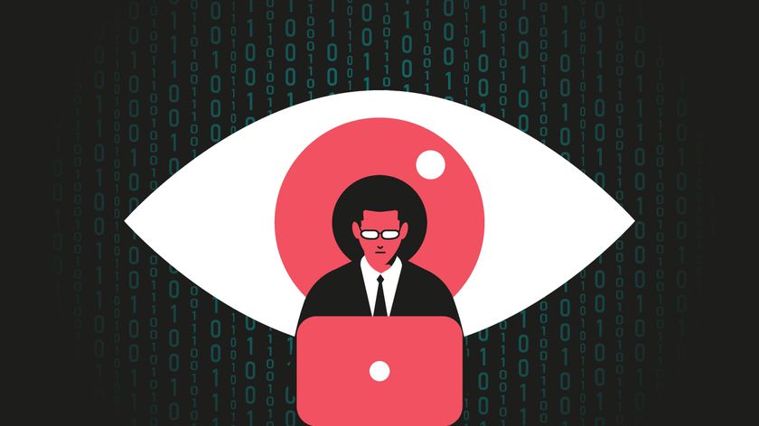 Giant eye watching at man working at the computer. Surveillance, hacking, internet security concept. Flat vector illustration.