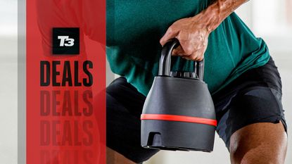 best cheap Bowflex deals: Pictured here, a muscular person doing one-arm kettlebell rows using the Bowflex 840 Adjustable Kettlebell