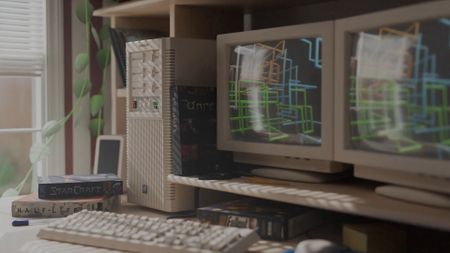 Maingear Retro98 PC shown on a desk next to old CRT monitors