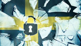 Shattered glass with padlock icon and national Sweden flag - security concept