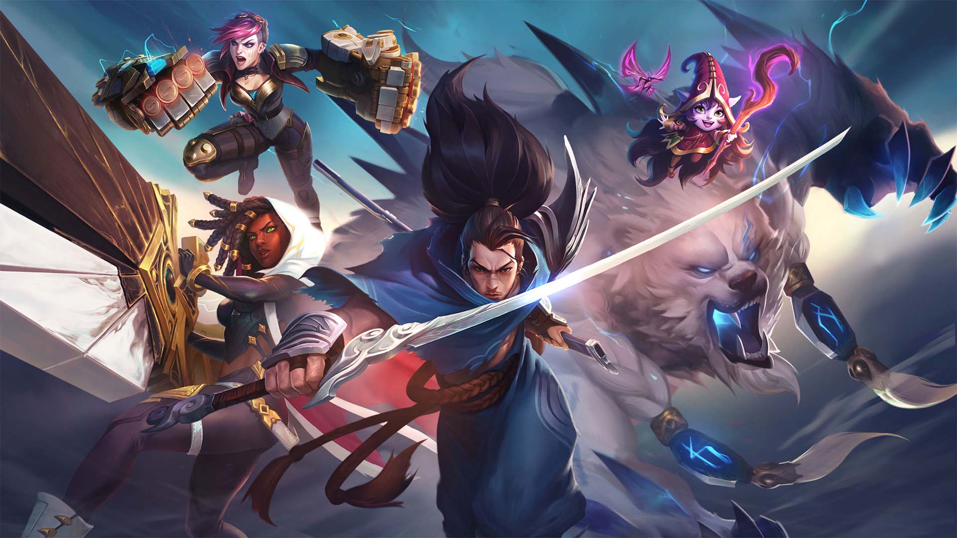 A group of League of Legends heroes leap towards the camera