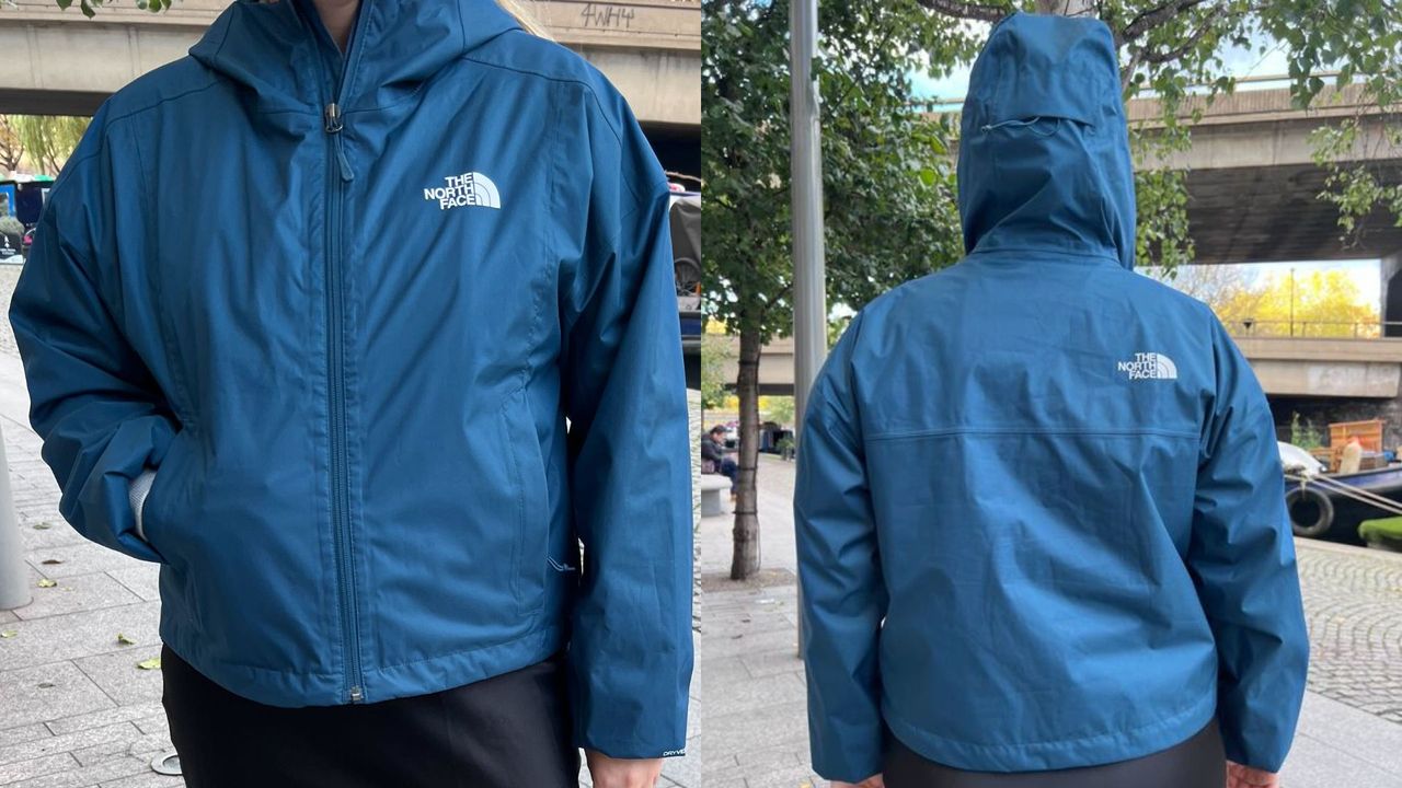 Woman wearing the north face cropped quest waterproof jacket, front and rear view