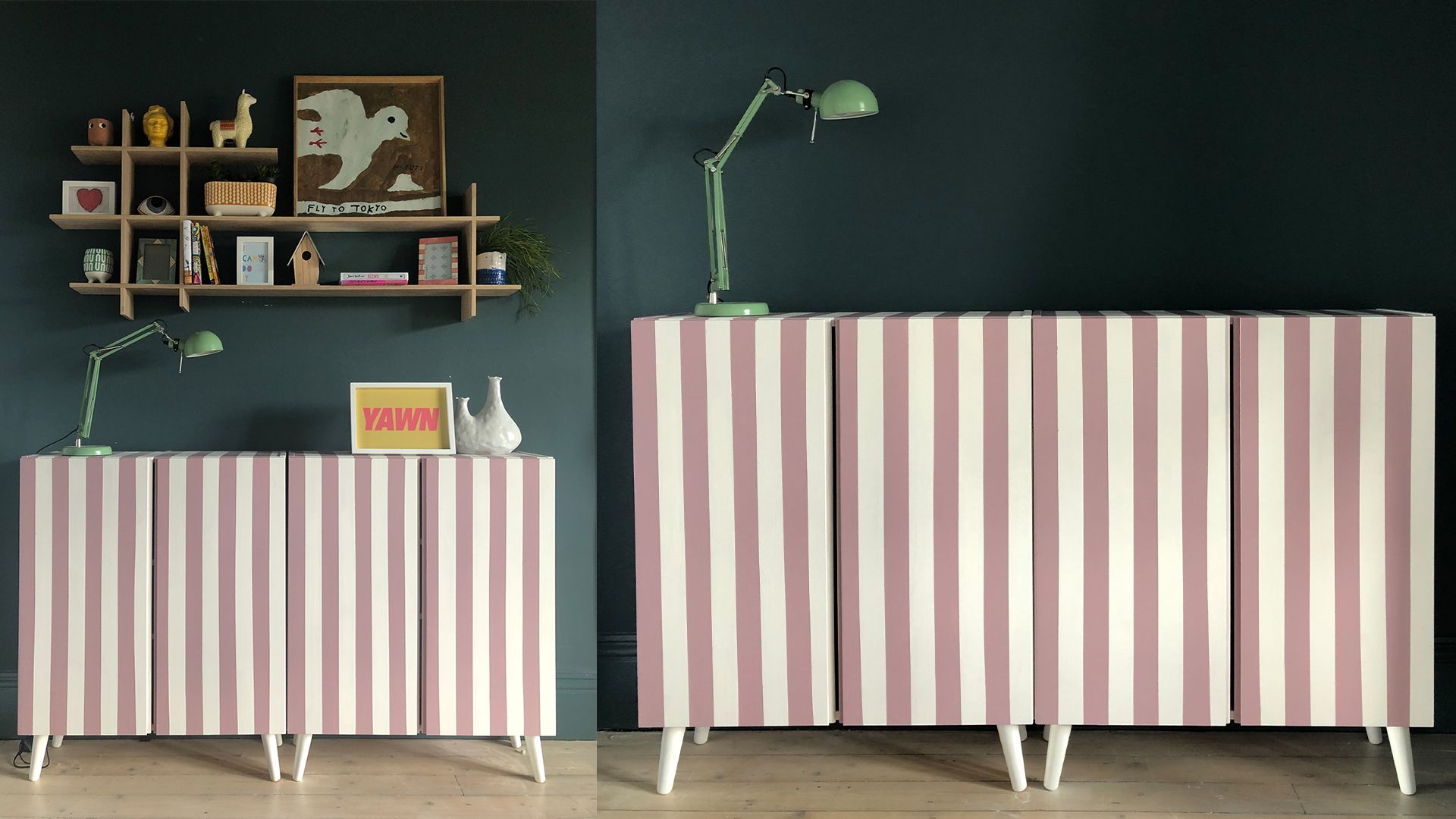 pink and white striped cabinets with legs in front of a blue wall