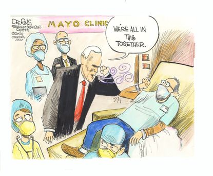 Political Cartoon U.S. Mike Pence coronavirus no mask mayo clinic
