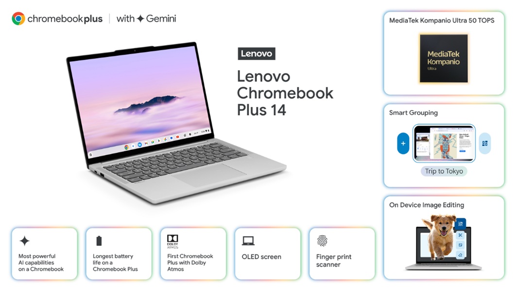 The Lenovo Chromebook Plus 14's overview, highlighting its flagship MediaTek chip and loads of AI software.