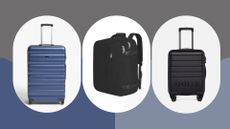 Collage of images with three type of luggage on a blue and grey background