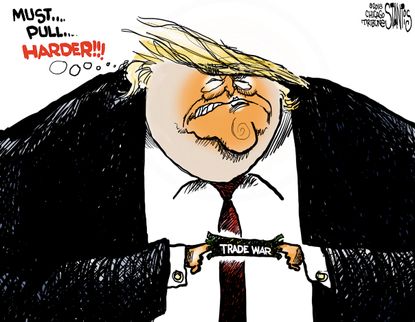Political cartoon U.S. Trump trade war China finger trap