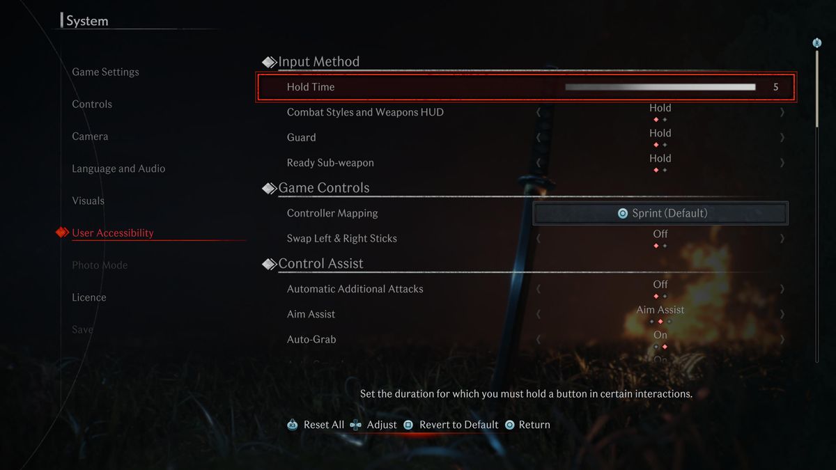 Accessibility menus in Rise of the Ronin