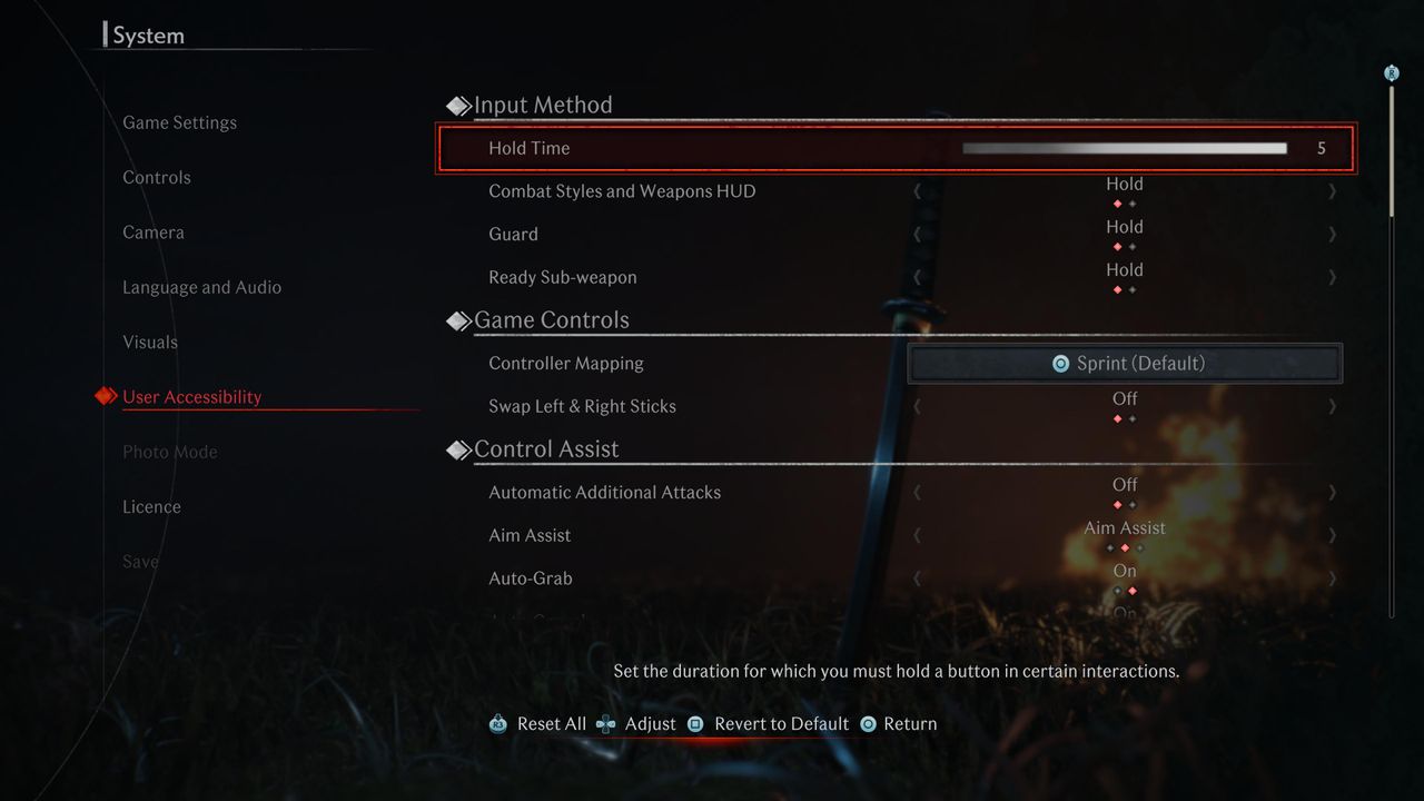 Accessibility menus in Rise of the Ronin