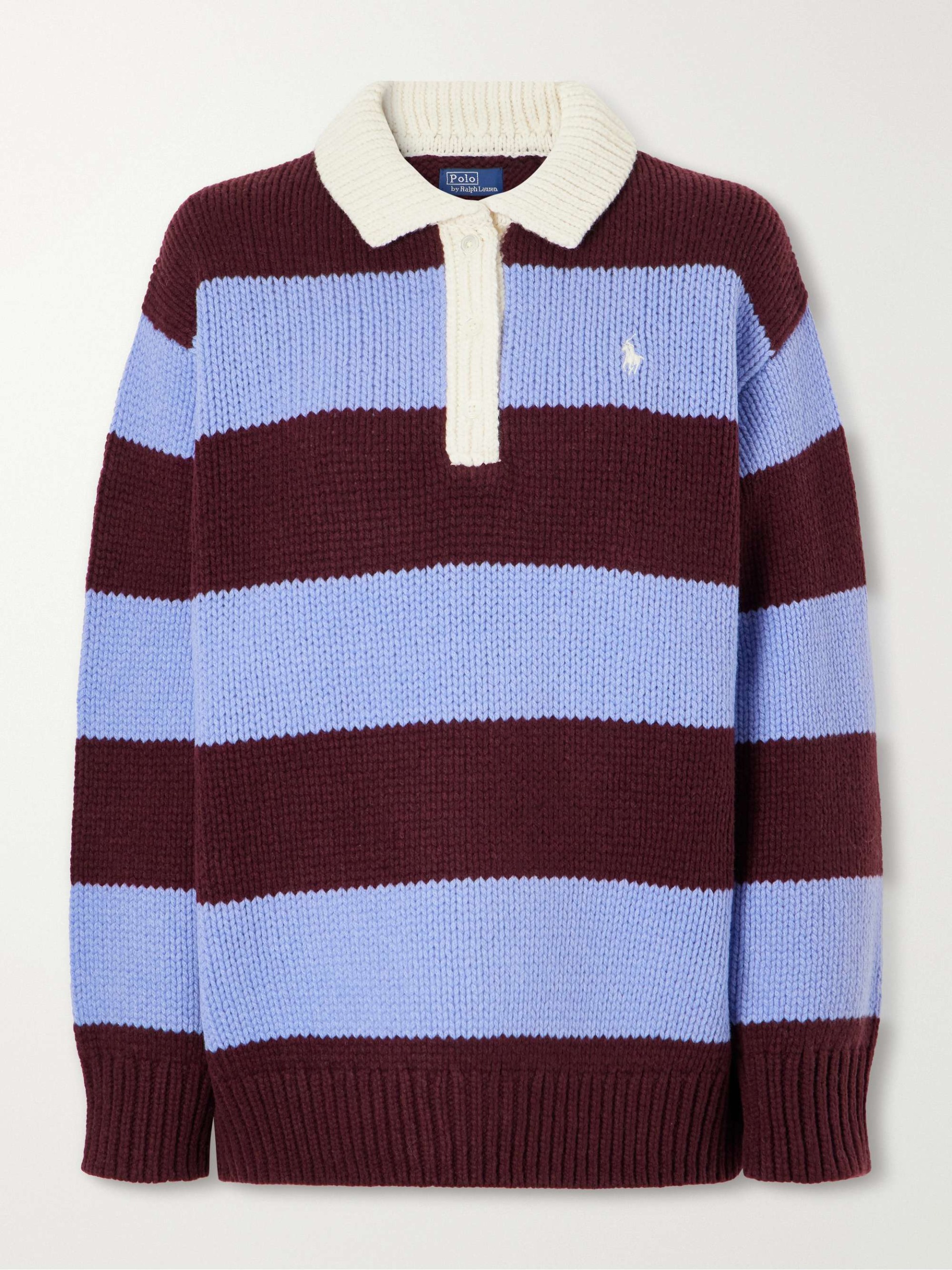 Logo-Embroidered Striped Wool-Blend Polo Sweater