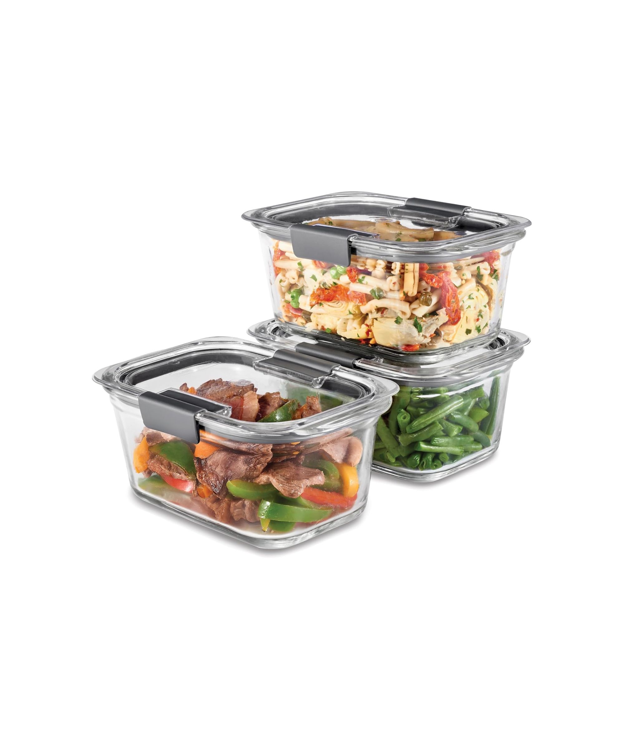 Three deep glass Rubbermaid food storage containers