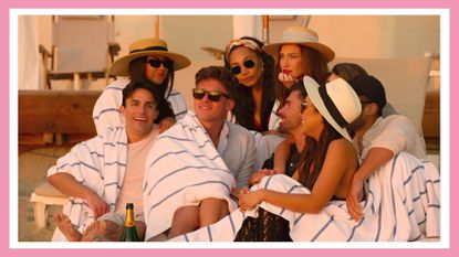 Selling the OC season two: Gio Helou, Kayla Carmona, Austin Victoria, Brandi Marshall, Polly Brindle, Tyler Stanaland, Lauren Brito pictured on the beach in Selling the OC season one/ in a pink template