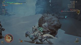 Battling an Alpha Doshaguma in Monster Hunter Wilds in the middle of a lightning sandstorm