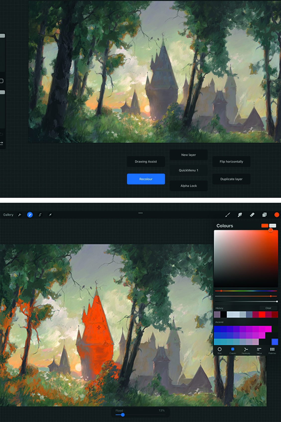 Procreate tips for painting environments; a fantasy castle in a wood
