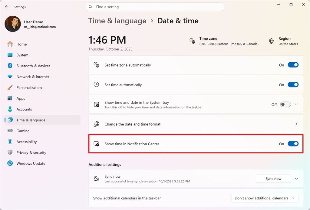 Notification Center show time option