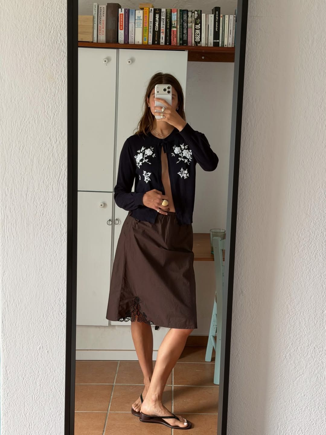 Mirror selfie brown skirt black cardigan
