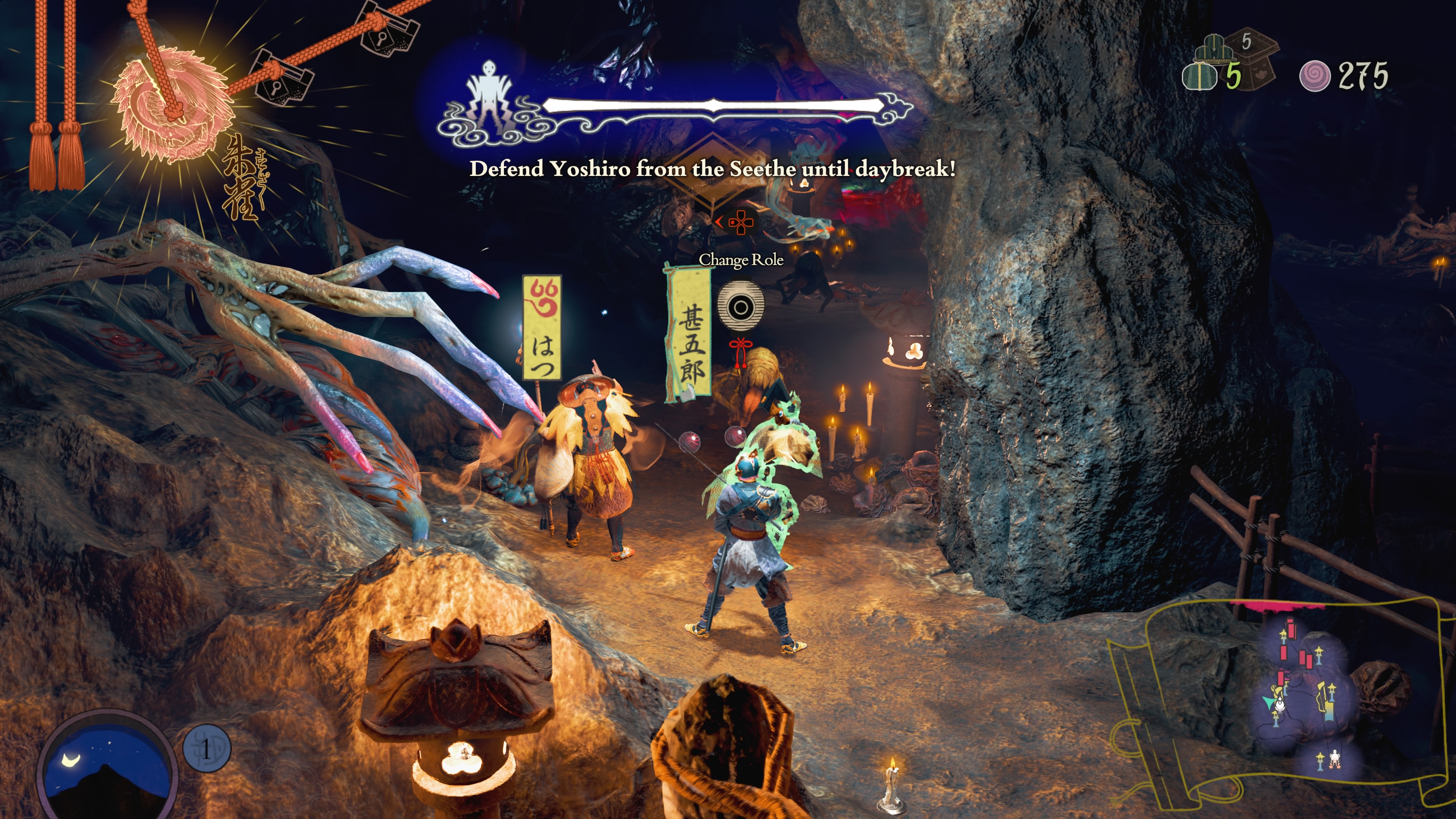 A screenshot showing two units positioned on either side of a small path in a dark cave.