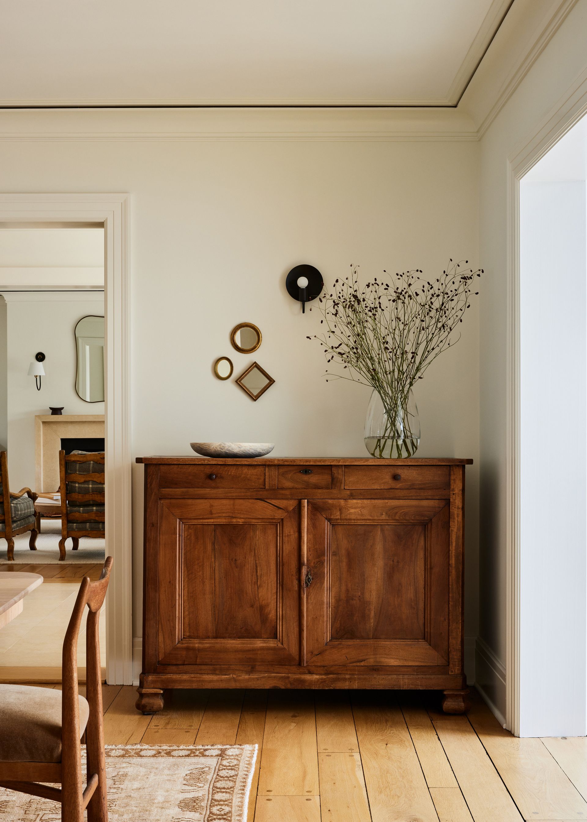 A living room with off center art