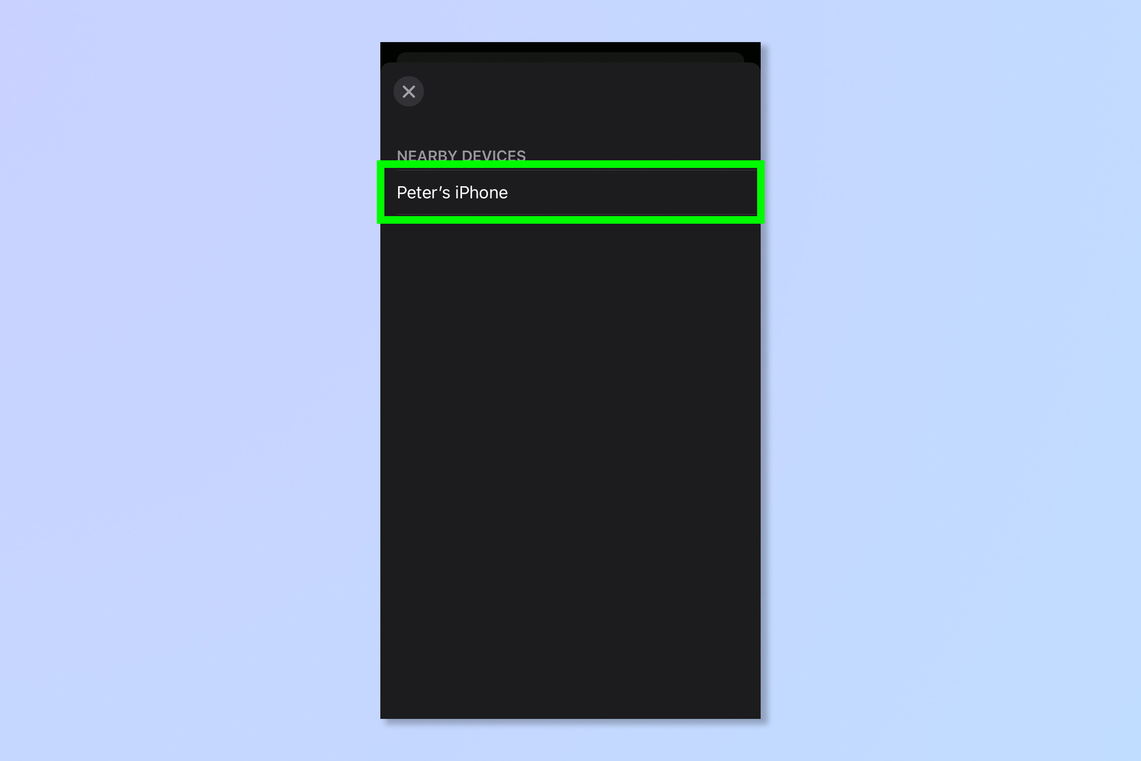 Una captura de pantalla que muestra los pasos necesarios para habilitar el control de dispositivos cercanos en iPhone