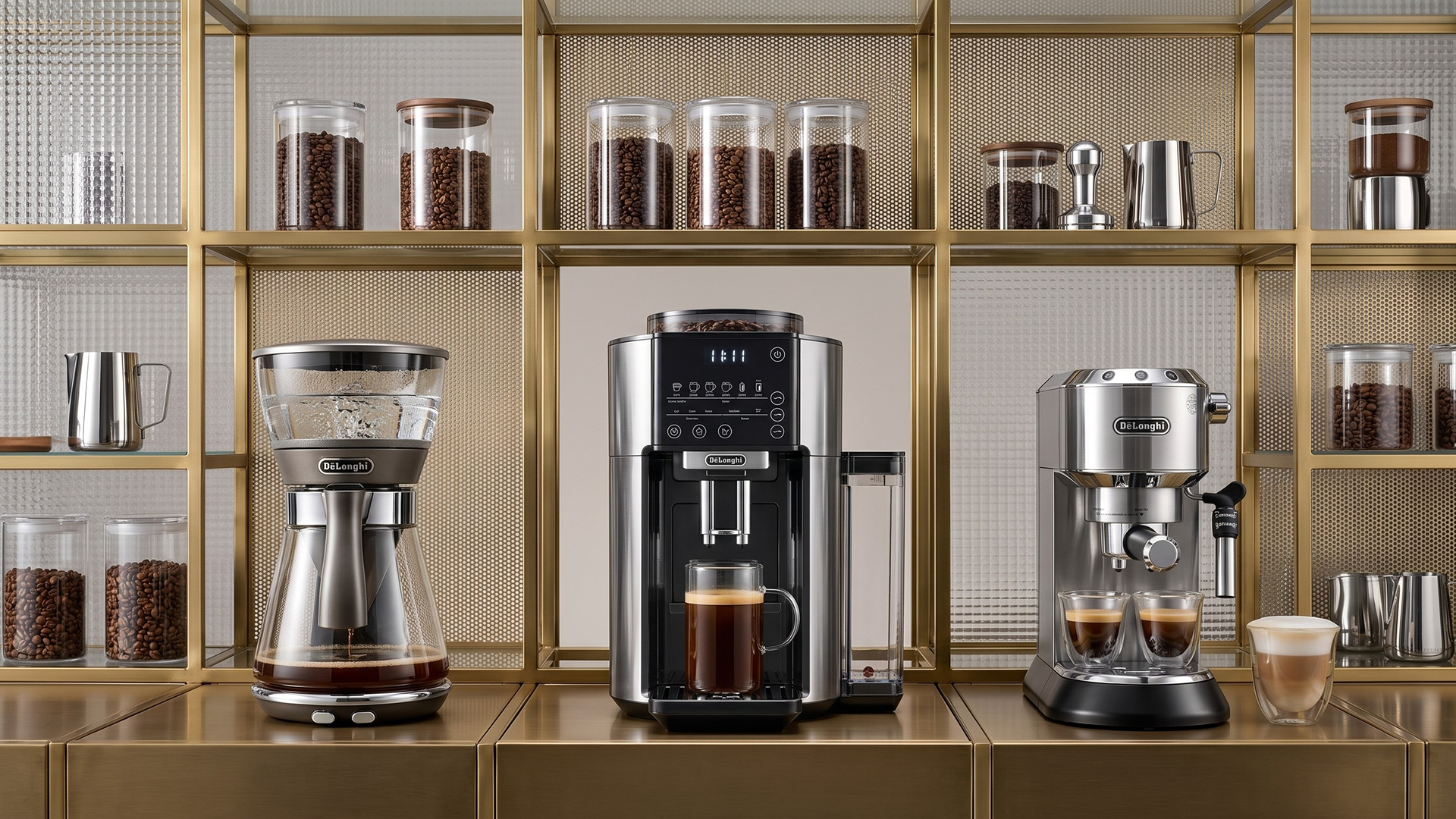 A selection of De'Longhi espresso machines in a kitchen.