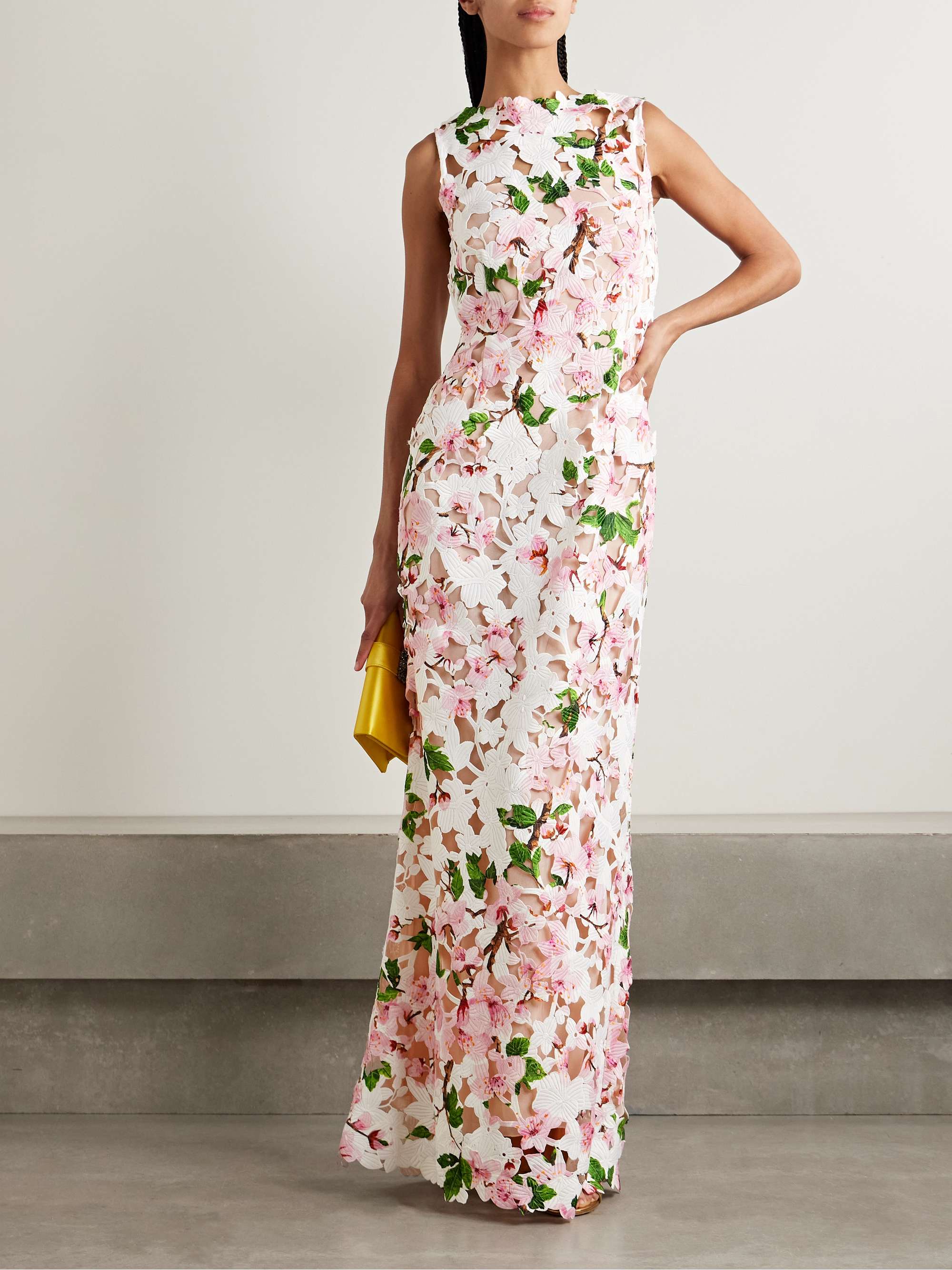 Floral-Print Guipure Lace Gown
