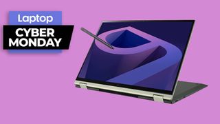LG Gram 16 Cyber Monday laptop against a purple background