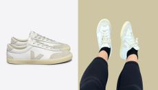 two side by side images of Veja trainers