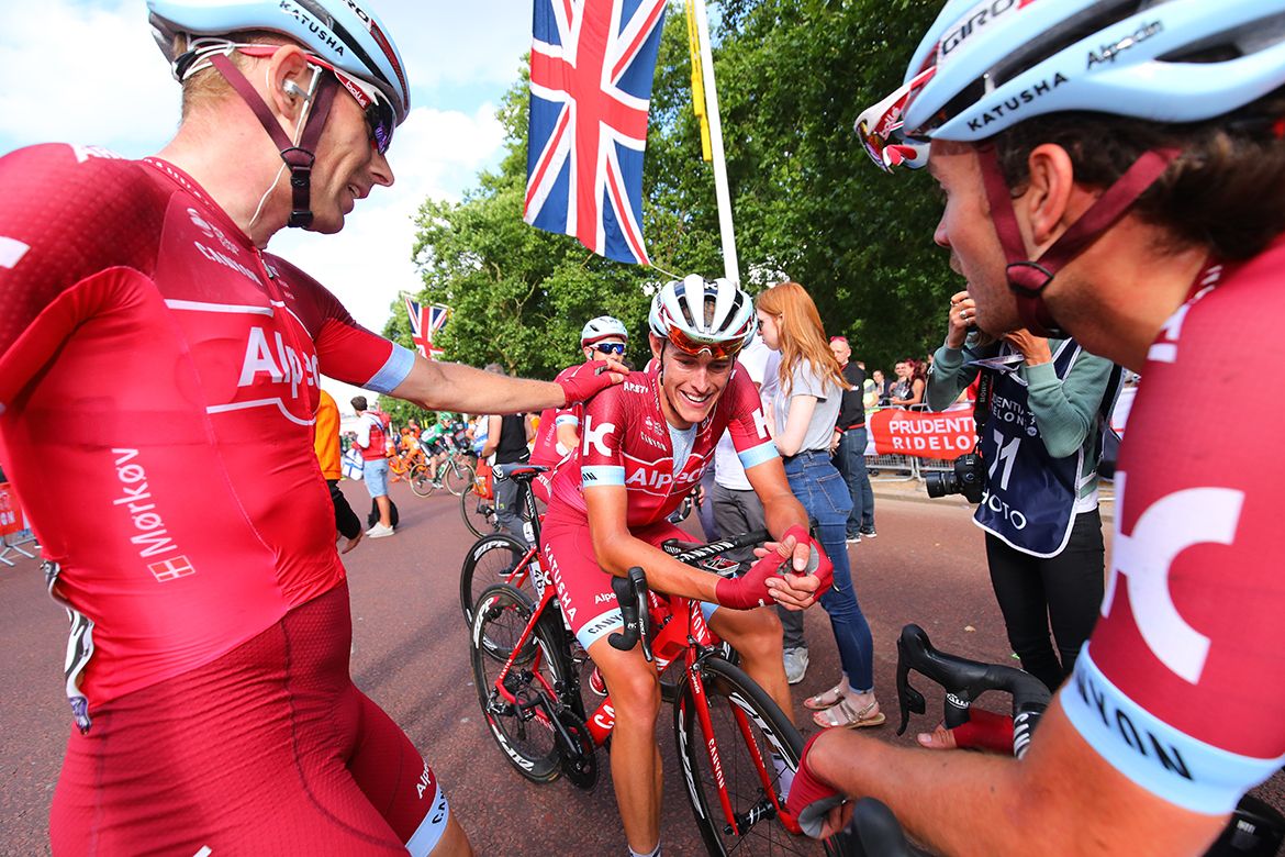 Katusha-Alpecin enjoying a well-deserved celebration after the RideLondon Classic