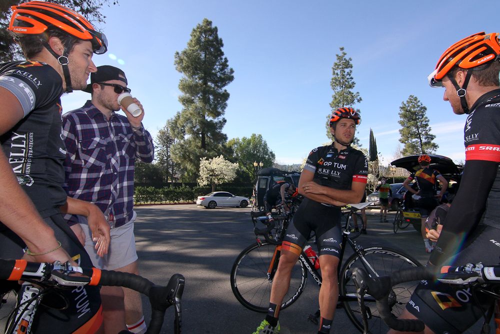 canadians Pierrick Naud, Guillaume Boivin and Michael Woods wait for the ride to start.