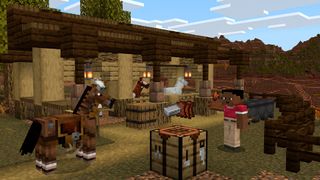 Minecraft horse outside a stables in Minecraft while a player makes a saddle with leather and iron ingot