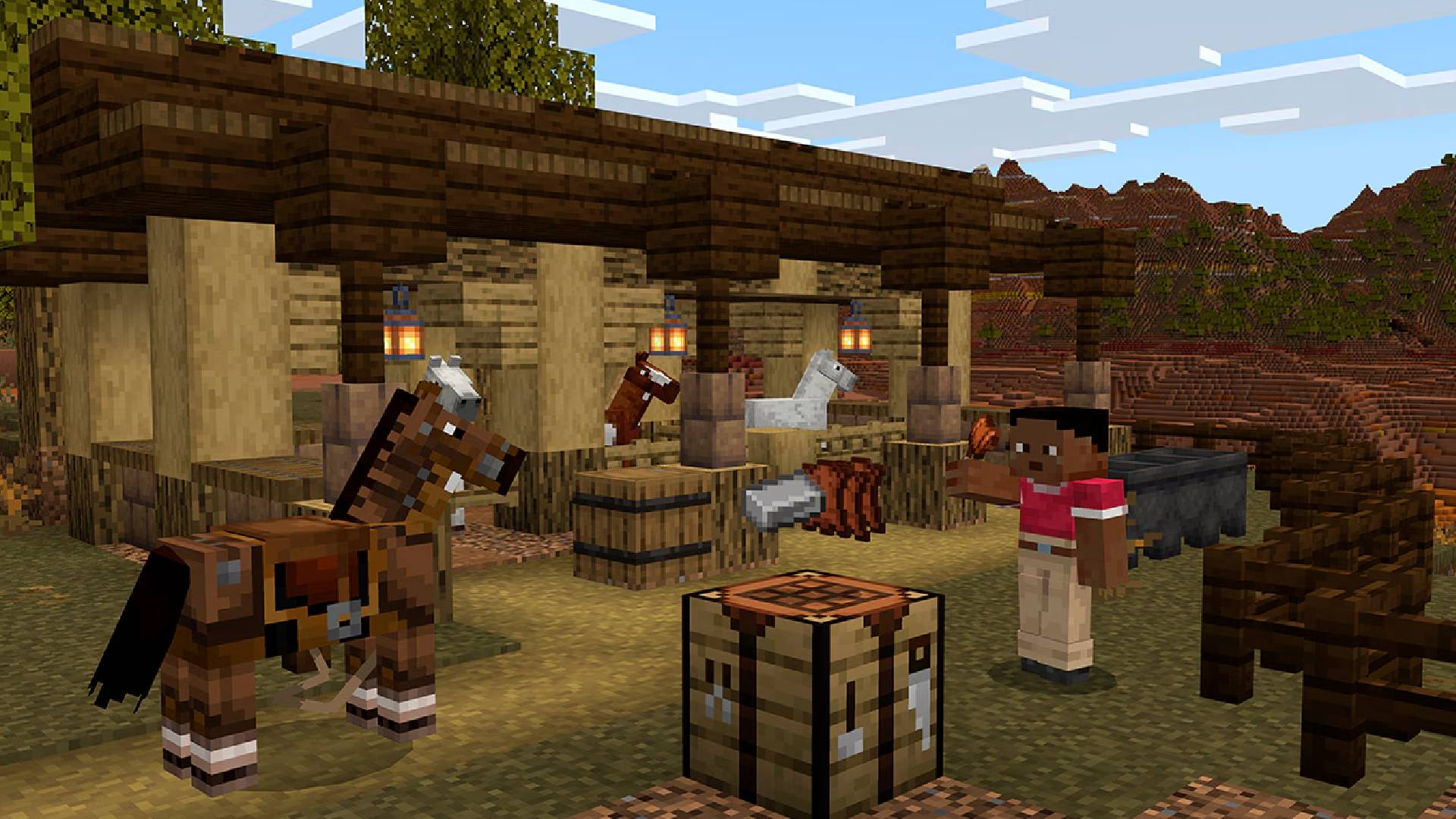 Minecraft horse outside a stables in Minecraft while a player makes a saddle with leather and iron ingot